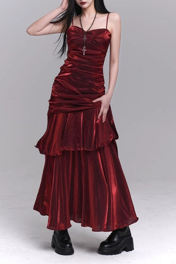 Asymmetrical Burgundy Ruffled Cami Party Dress image 1