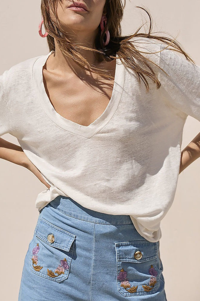 Minimalist Solid Deep V Neck Slub Cotton Loose T-shirt image 1