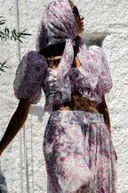 Pink White Floral Puff Sleeve Top Lantern Pants Two Piece Set image 2