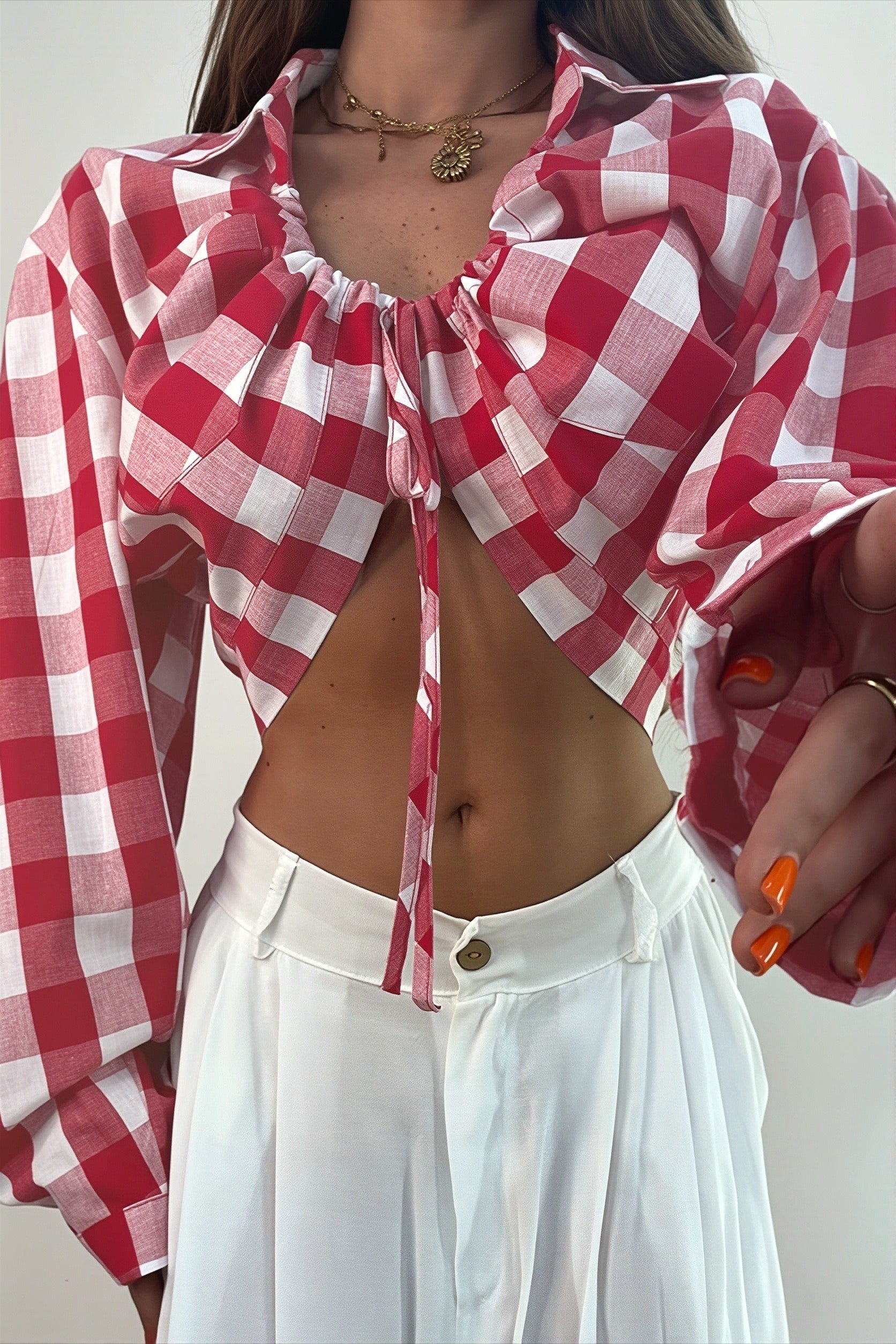 Short Plaid Tie Lapel Long Sleeve Blouse image 2