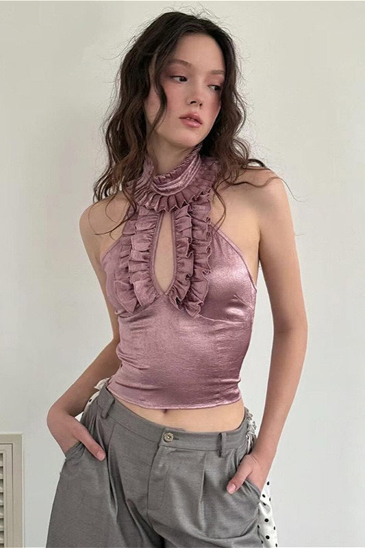 Elegant Ruffled Cutout Stand Collar Cropped Tank Top image 2