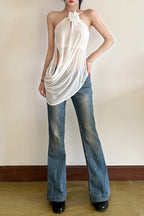 Solid Loose Flowy Halter Backless Blouse image 4