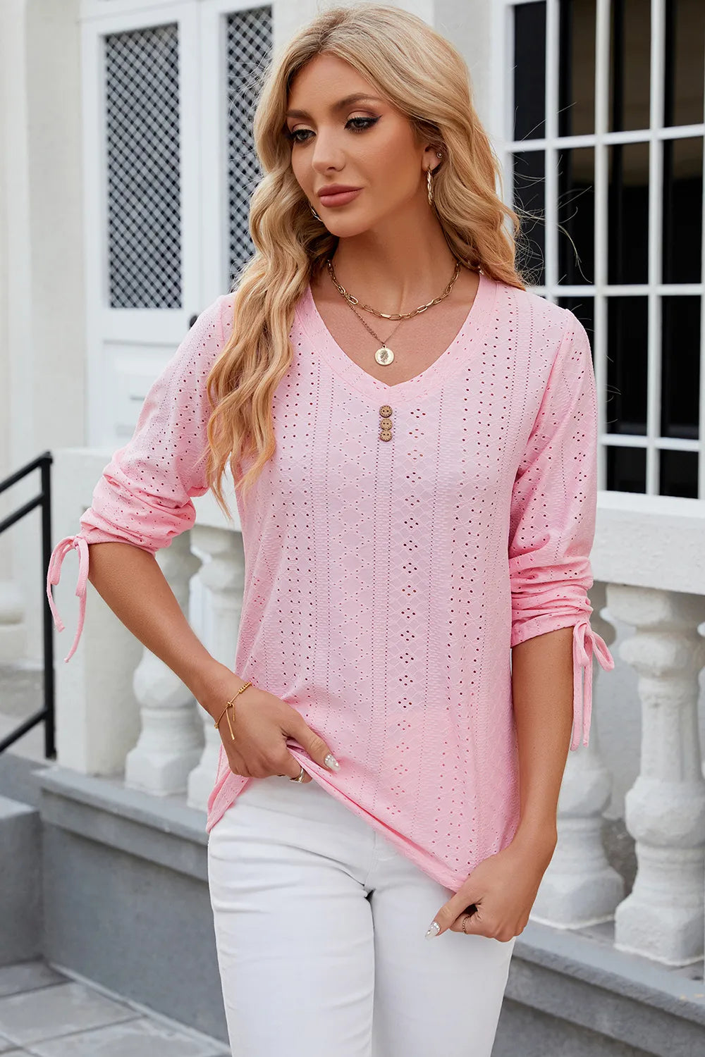 Petra Eyelet Top detail view styled for Avrienne