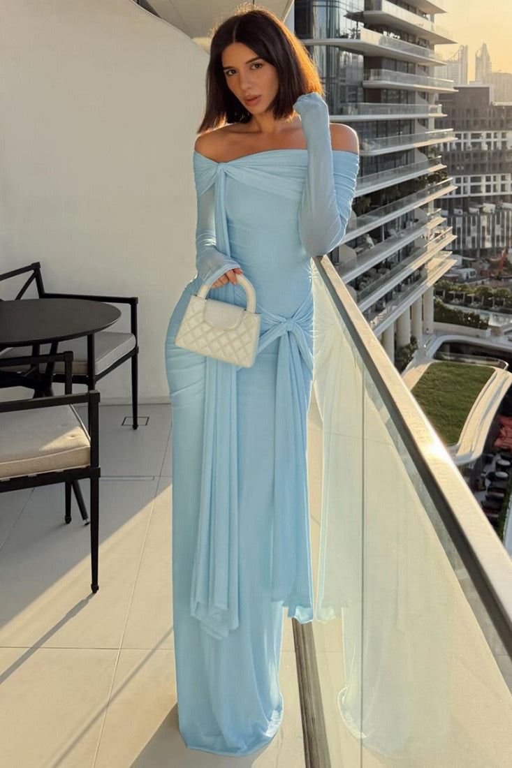 Off Shoulder Long Sleeve Solid Tie Bodycon Maxi Dress image 5
