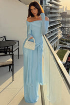 Off Shoulder Long Sleeve Solid Tie Bodycon Maxi Dress image 5