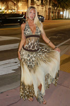 Deep V Neck Leopard Flared Hem Maxi Dress image 4