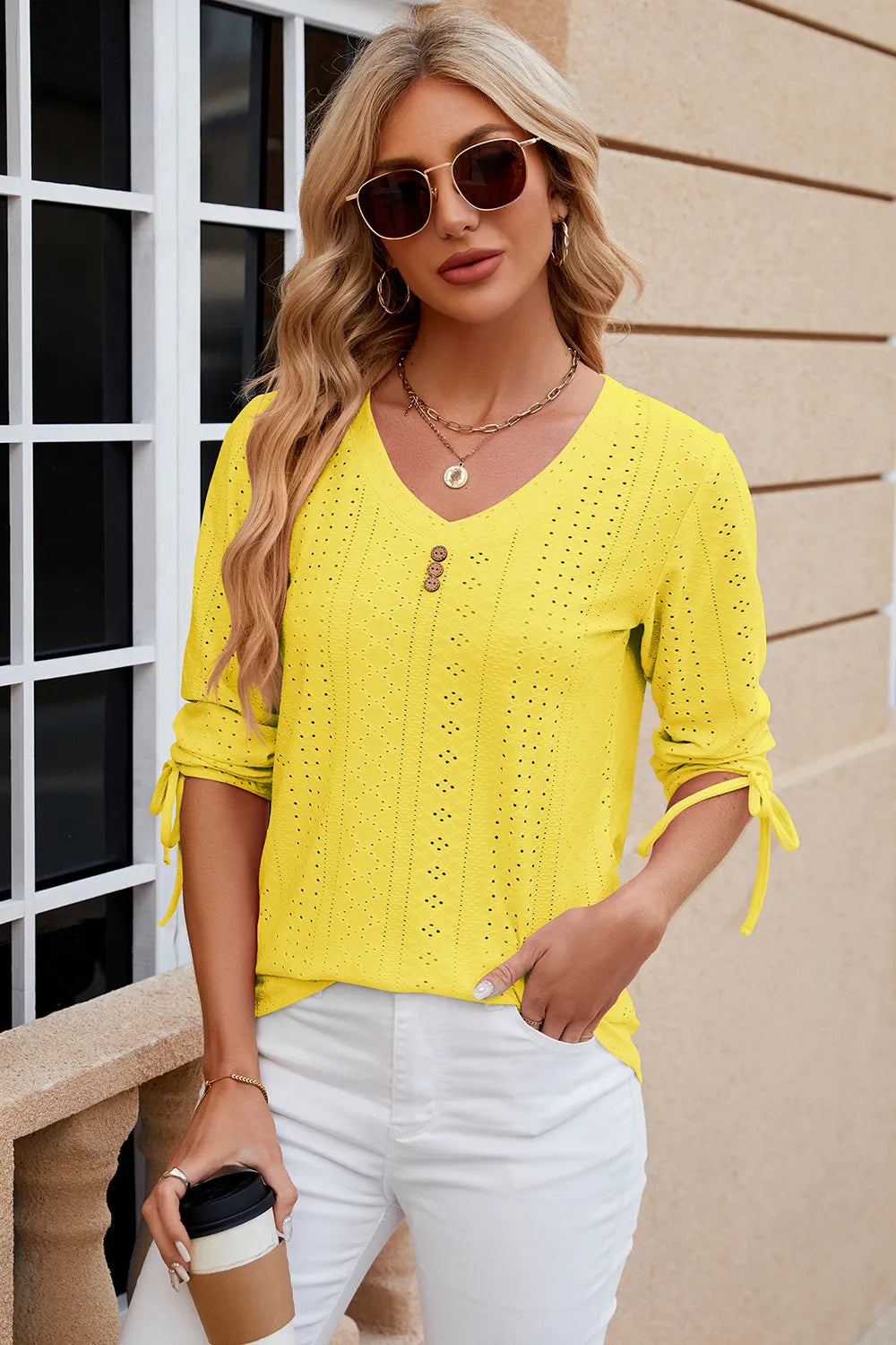 Petra Eyelet Top detail view styled for Avrienne