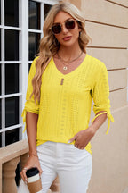 Petra Eyelet Top detail view styled for Avrienne