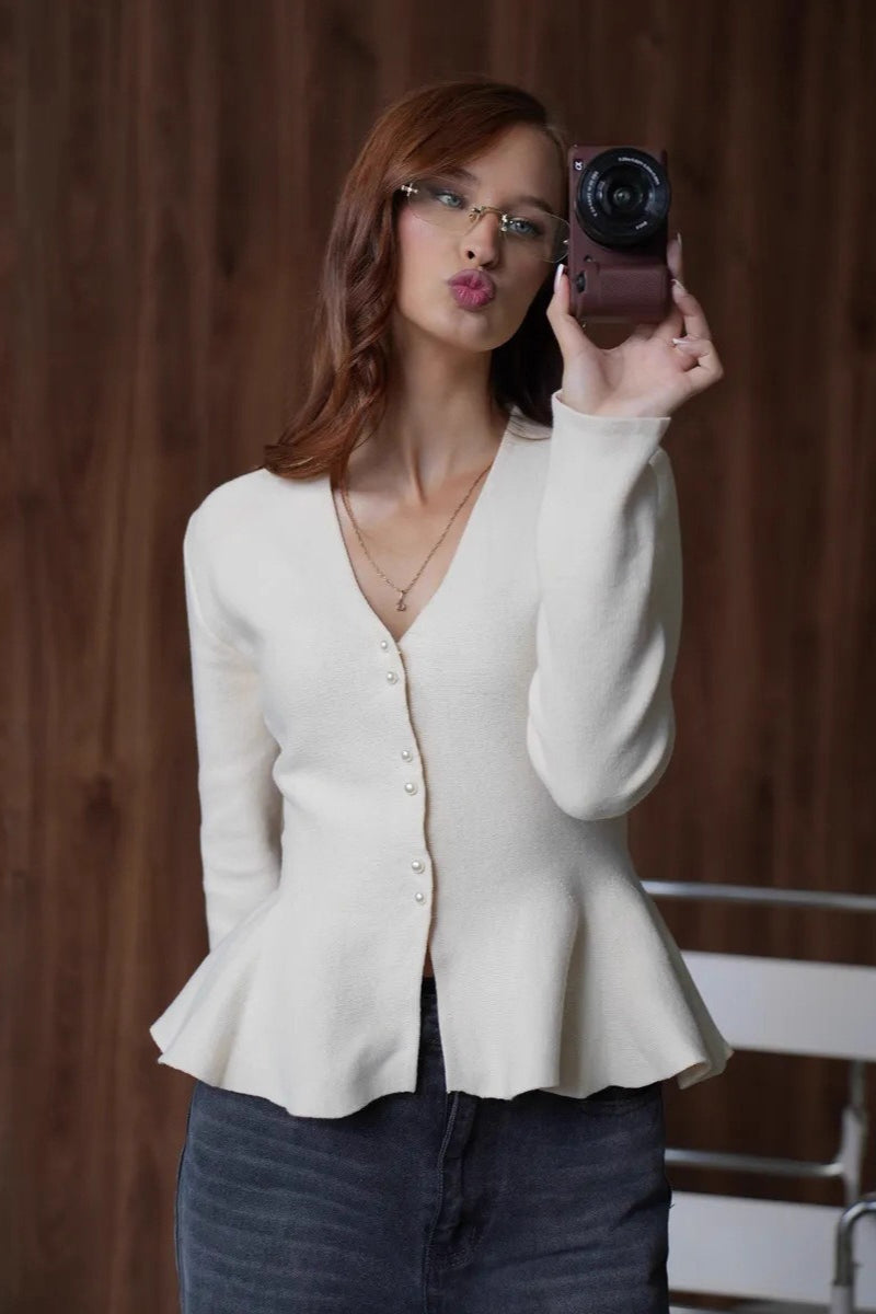 Solid Fitted Ruffled Hem Long Sleeve Knit Cardigan image 4