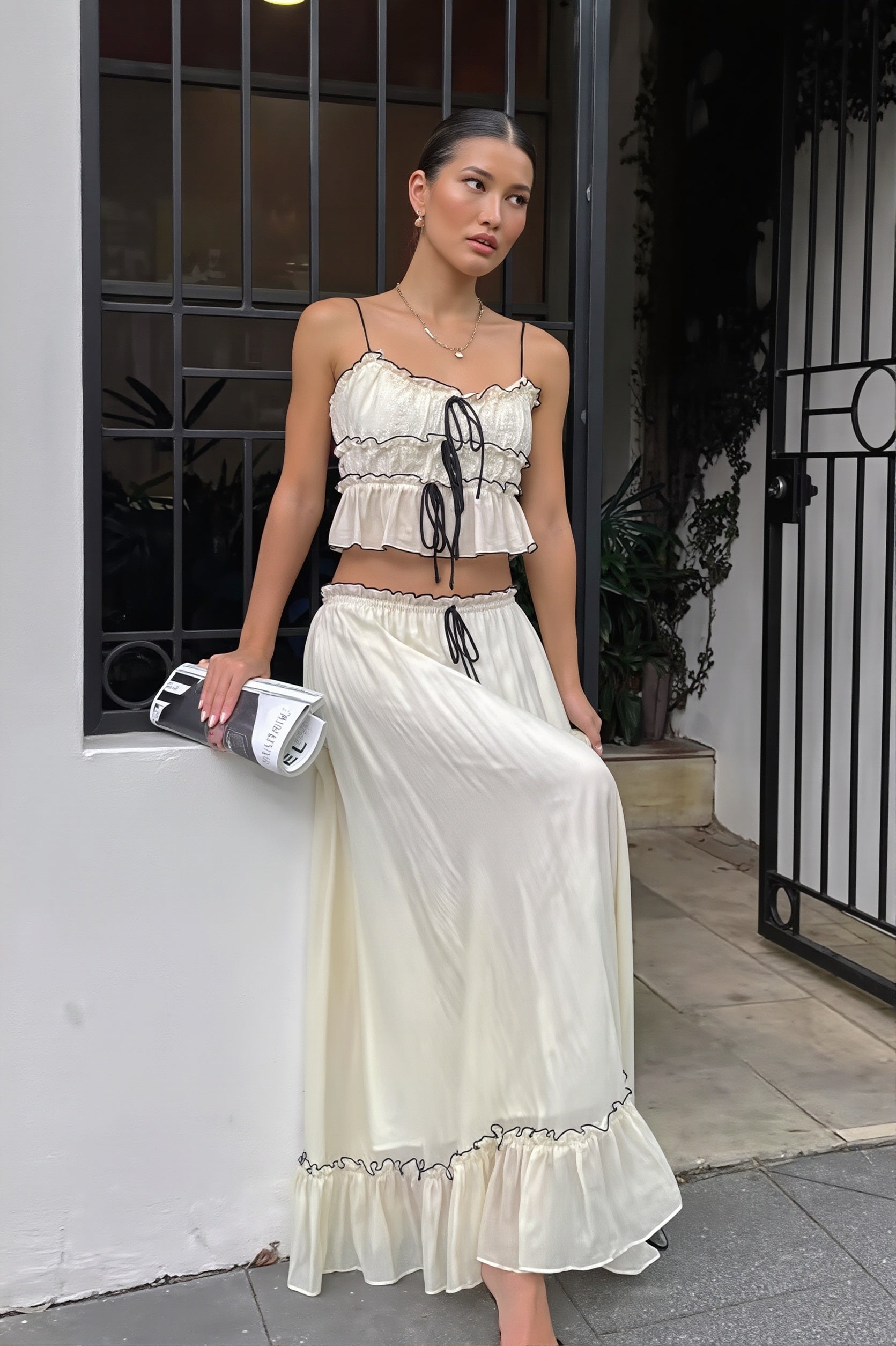 Elegant Satin Bow Cami Top Pleated Skirt Skirt Sets image 1