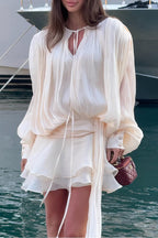 Chiffon Lantern Sleeve Tie Ruffle Mini Dress image 2