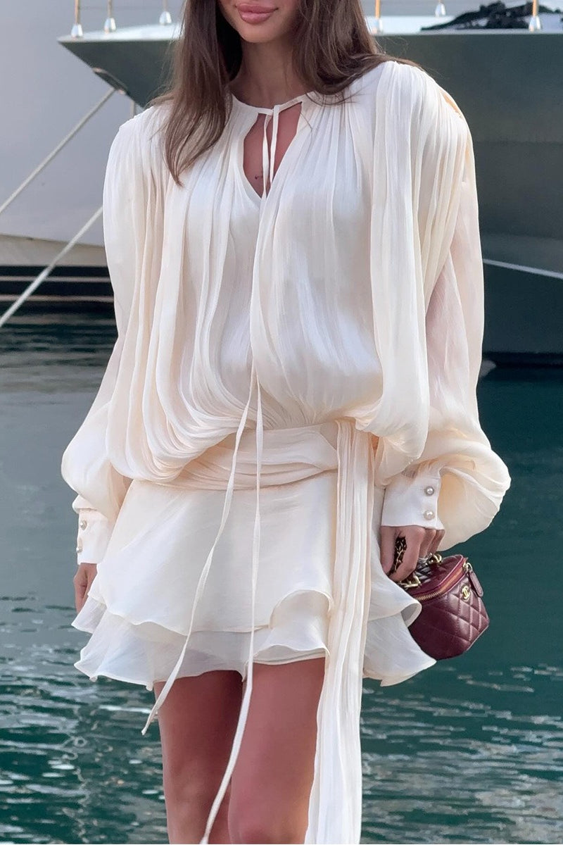 Chiffon Lantern Sleeve Tie Ruffle Mini Dress image 2