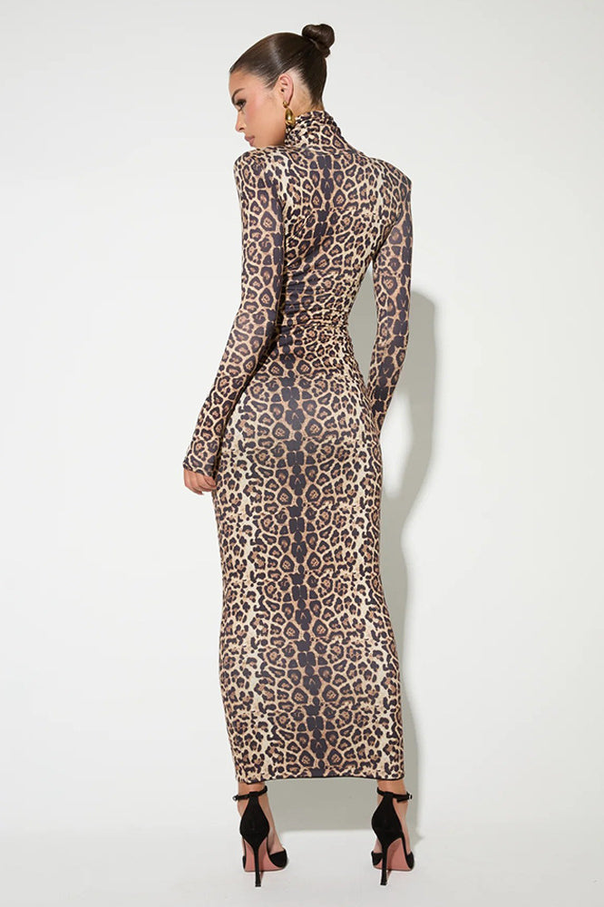 Elegant Leopard Mock Neck Bodycon Maxi Dress image 4