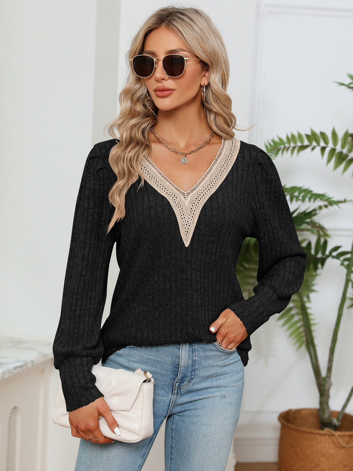 Rosalie Lace Ribbed Blouse detail view styled for Avrienne
