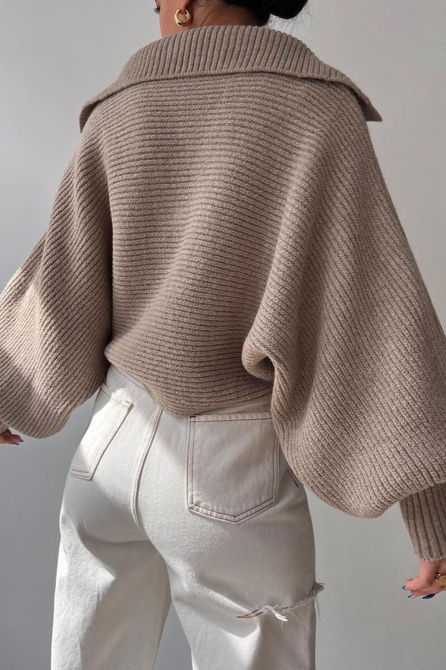 Lantern Sleeve Open Collar Knit Sweater image 6
