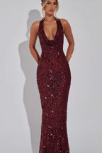 Sequin Deep V Halter Bodycon Maxi Dress image 3
