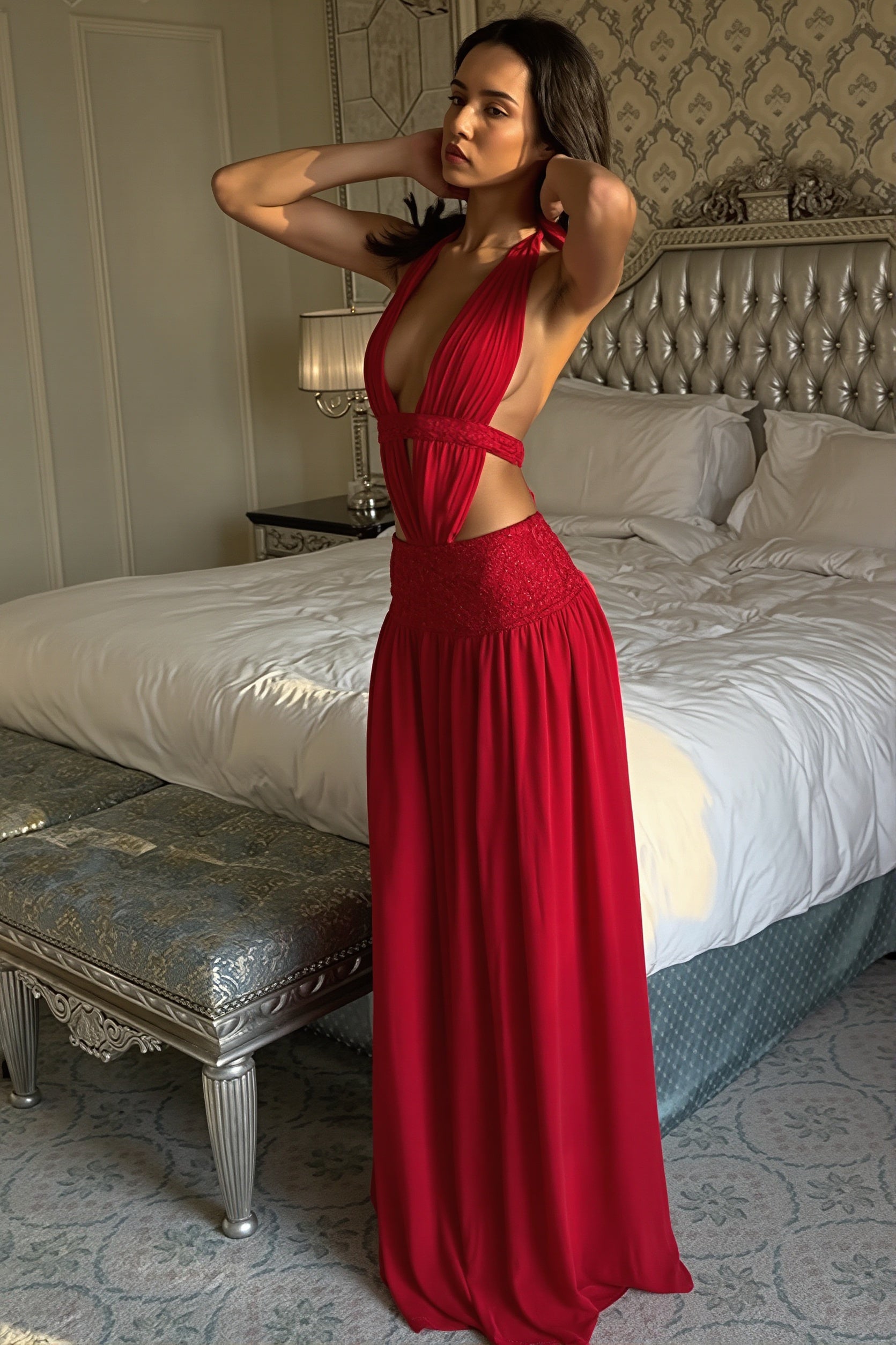 Chic Lace Trim Halter Neck Open Back A Line Maxi Dress image 1
