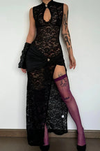 Lace Cutout Metal Buckle Patchwork High Slit Fitted Maxi Dress image 4