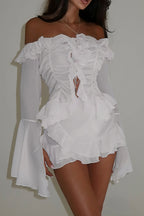 Stylish Off Shoulder Long Sleeve Ruffle Skirt Set image 6