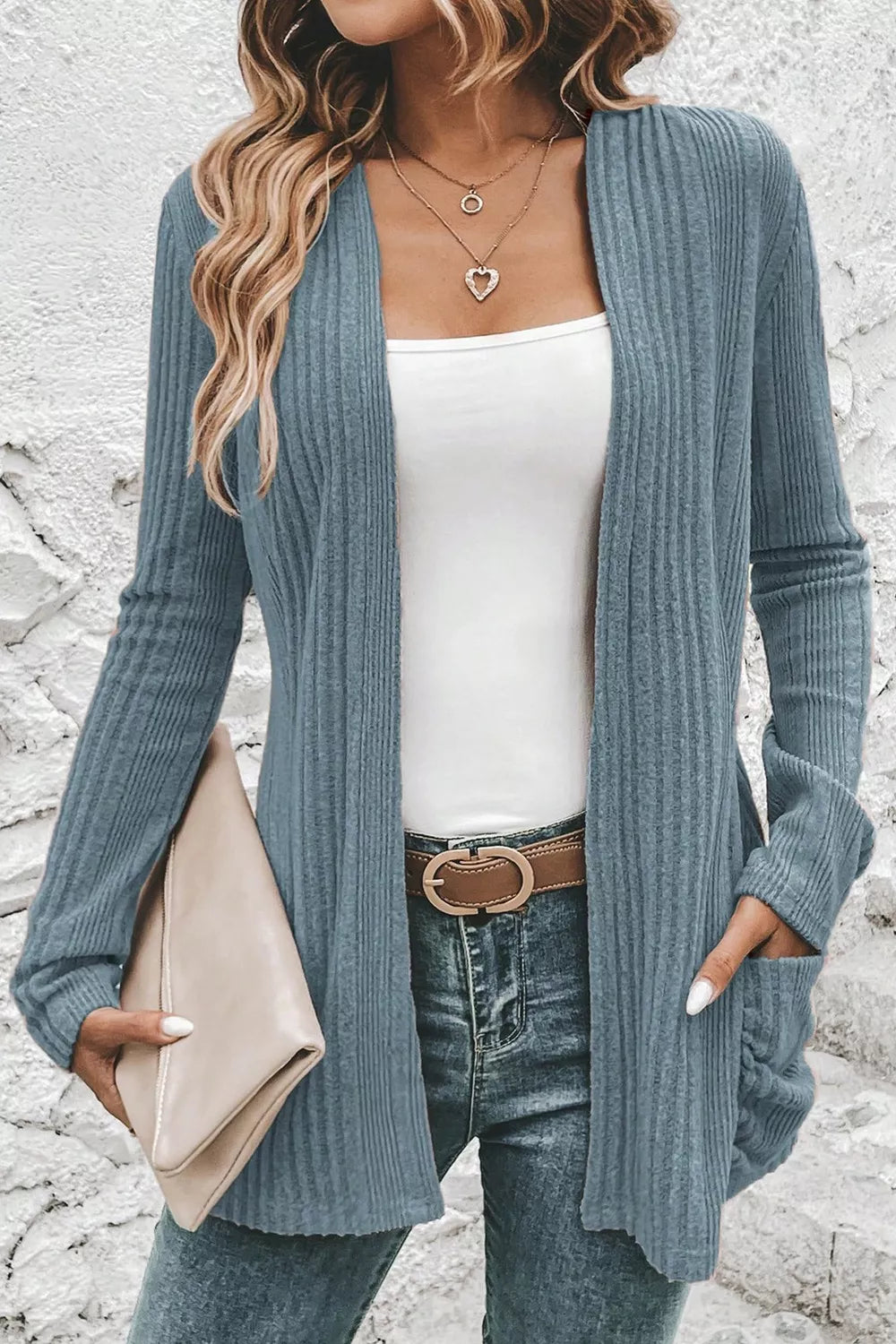 Estelle Pocket Cardigan detail view styled for Avrienne