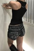 Chic Retro Destroyed Embroidered Rivet Denim Shorts image 4