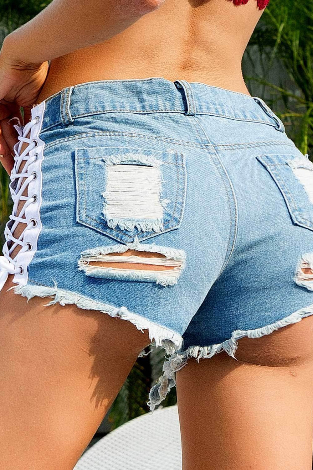 Ripped High Waist Side Tie Denim Shorts image 3
