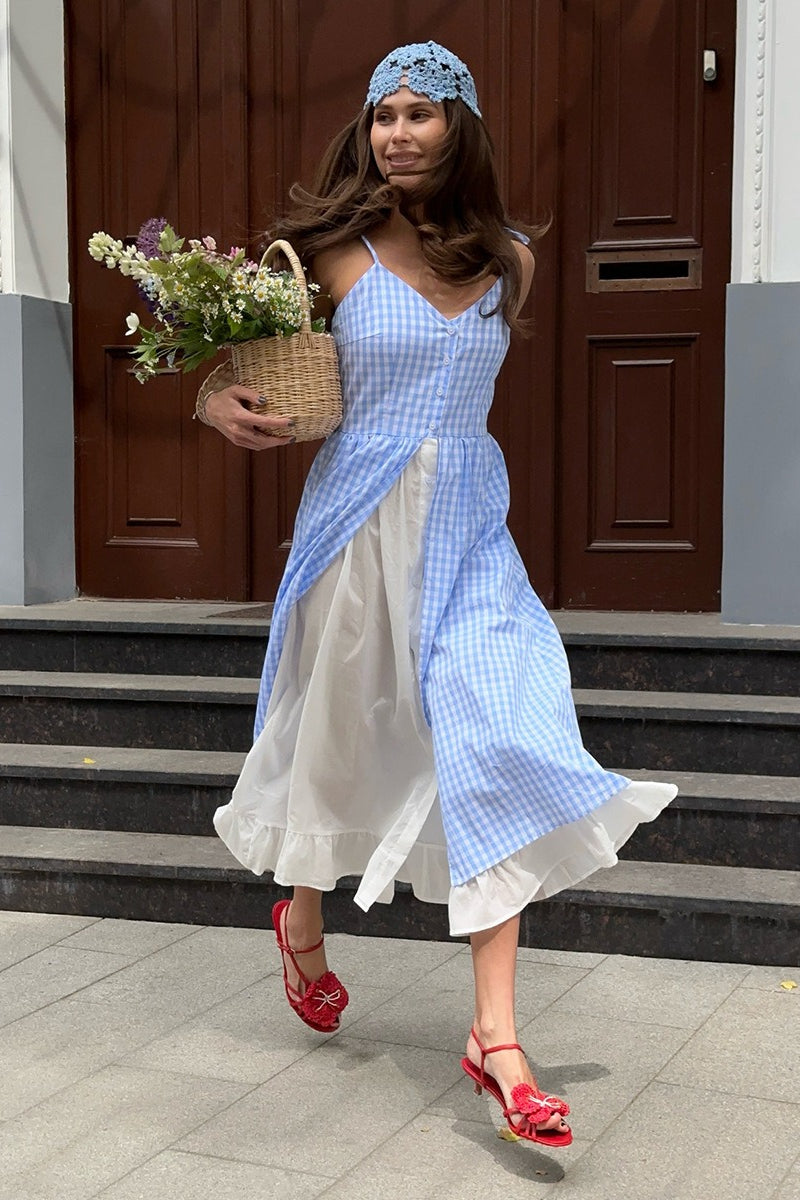 Plaid Fake Two-Piece Single Breasted Spaghetti Strap Midi Dress image 5