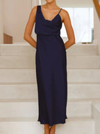 Willa Satin Dress detail view styled for Avrienne