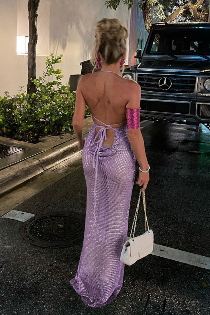 Halter Tie Cutout Back Ruched Solid Bodycon Maxi Dress image 5