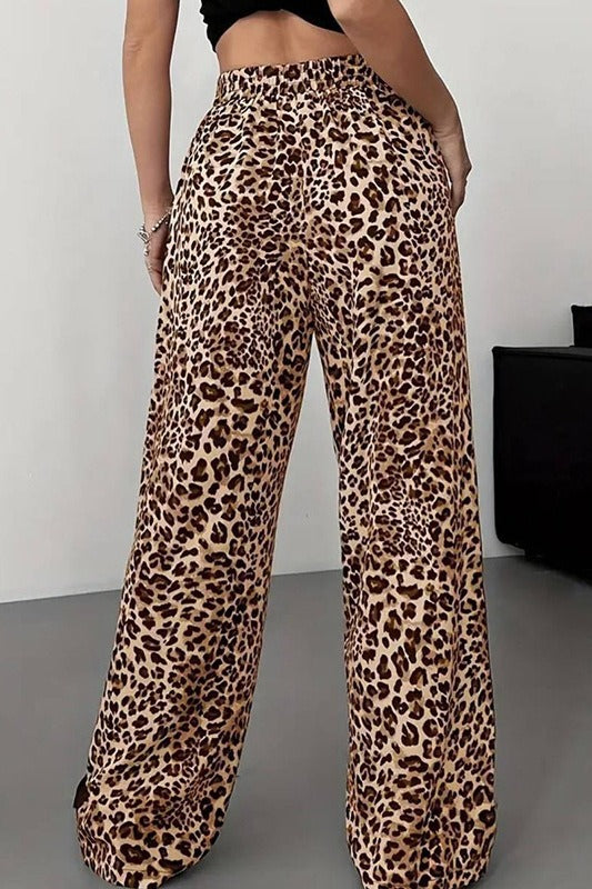 Stylish Leopard Print Black Trim High-Waisted Wide-Leg Pants image 3