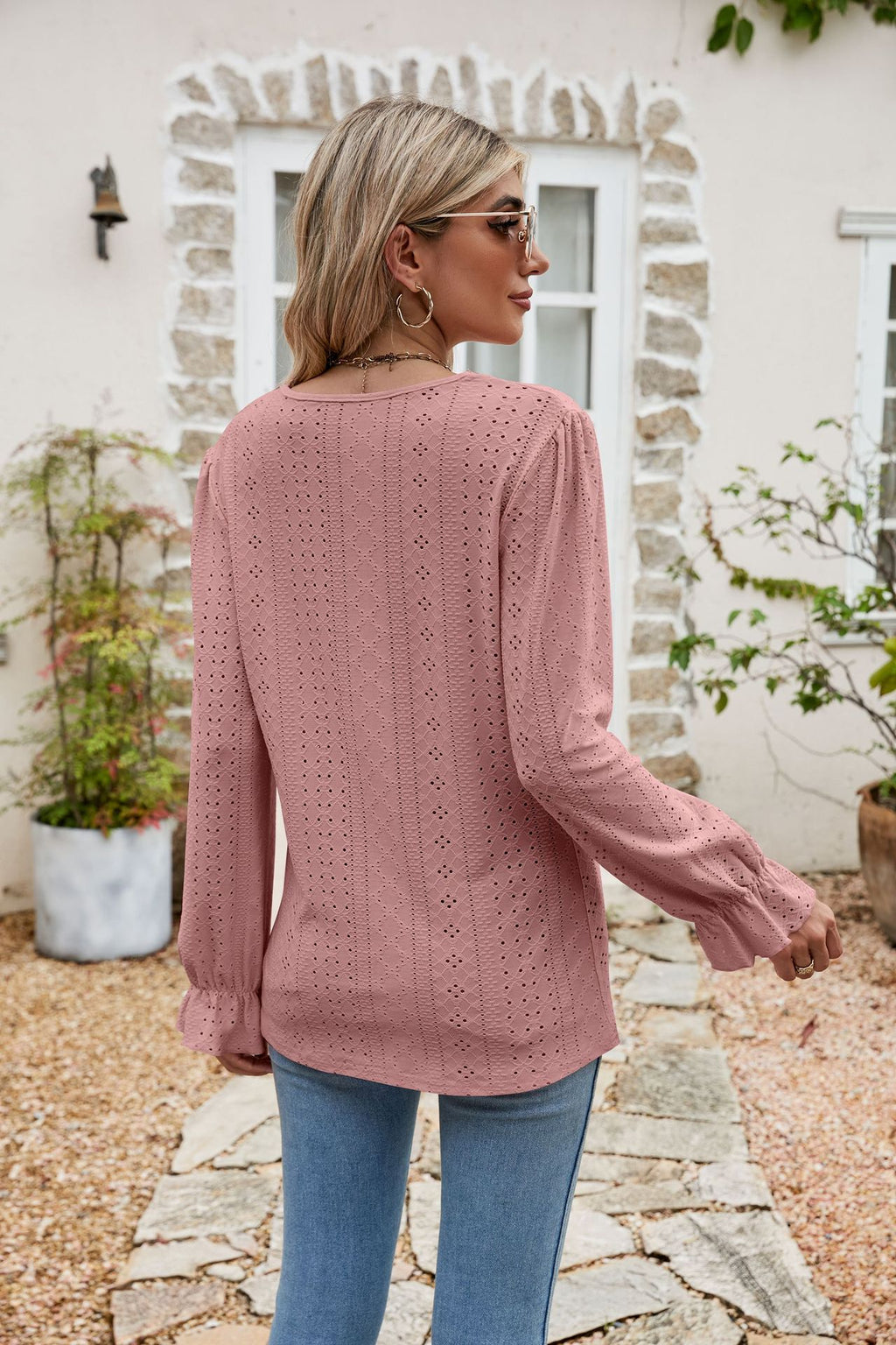 Lisette Eyelet Blouse detail view styled for Avrienne