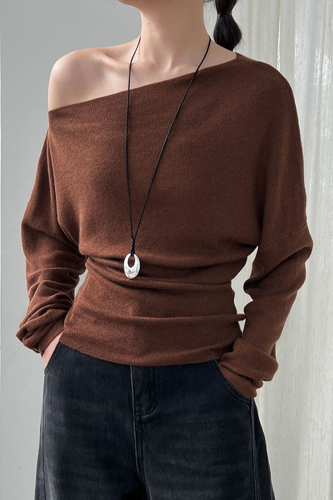 Waist Defining Asymmetric Shoulder Knit Top image 12