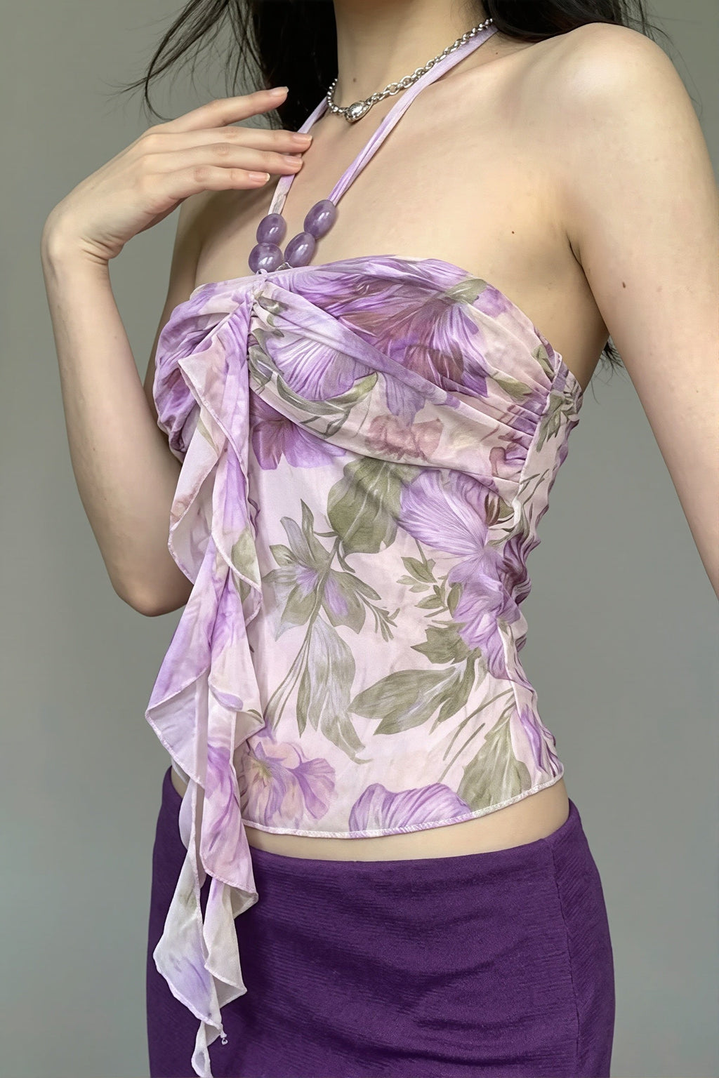 Floral Print Beaded Romantic Halter Top image 3