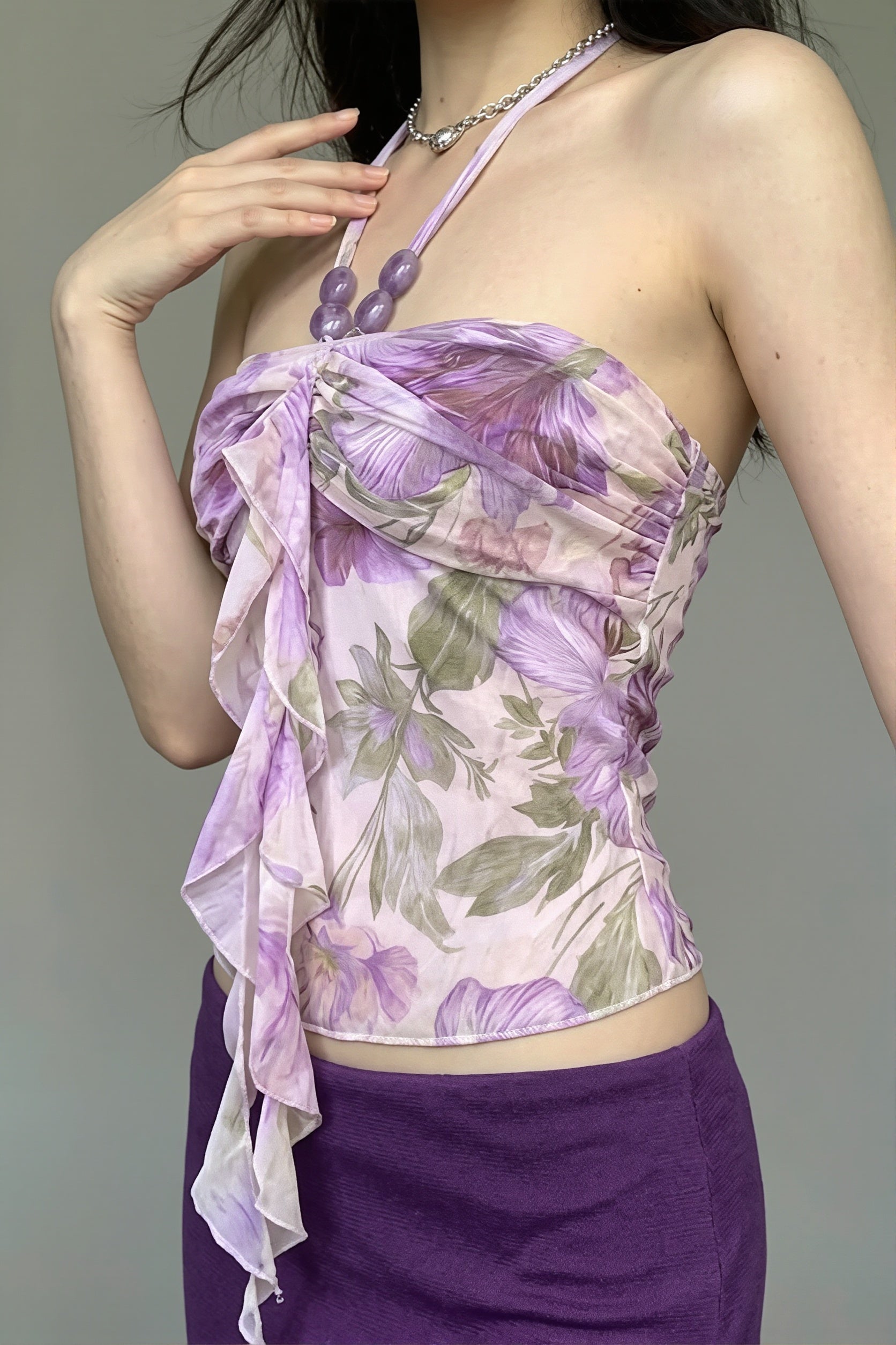 Floral Print Beaded Romantic Halter Top image 3
