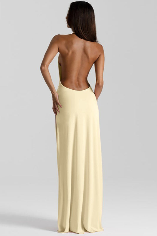 Solid Halter Deep V Backless Slit Floor Maxi Dress image 5