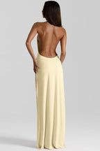 Solid Halter Deep V Backless Slit Floor Maxi Dress image 5