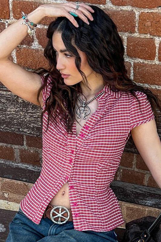 Vintage Red Plaid Polo Collar Button-Down Cropped Blouse image 2