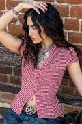 Vintage Red Plaid Polo Collar Button-Down Cropped Blouse image 2