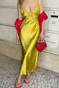 Satin Lace Trim Asymmetrical Sheer Backless Maxi Dress image 1