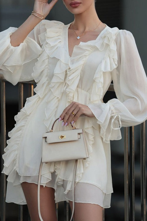 Ruffled Tie V Neck Long Sleeve A Line Mini Dress image 3