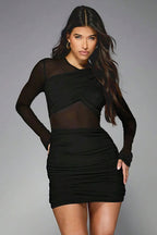 Sheer Mesh Ruched Patchwork Long Sleeve Mini Dress image 5