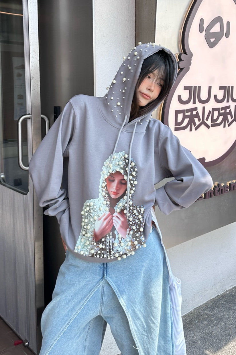 Beaded Graphic Print Edgy Streetwear Hooded Oversized Hoodie image 4