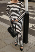 Knit Striped Long Sleeve Fitted Off Shoulder Slit Maxi Dress image 1