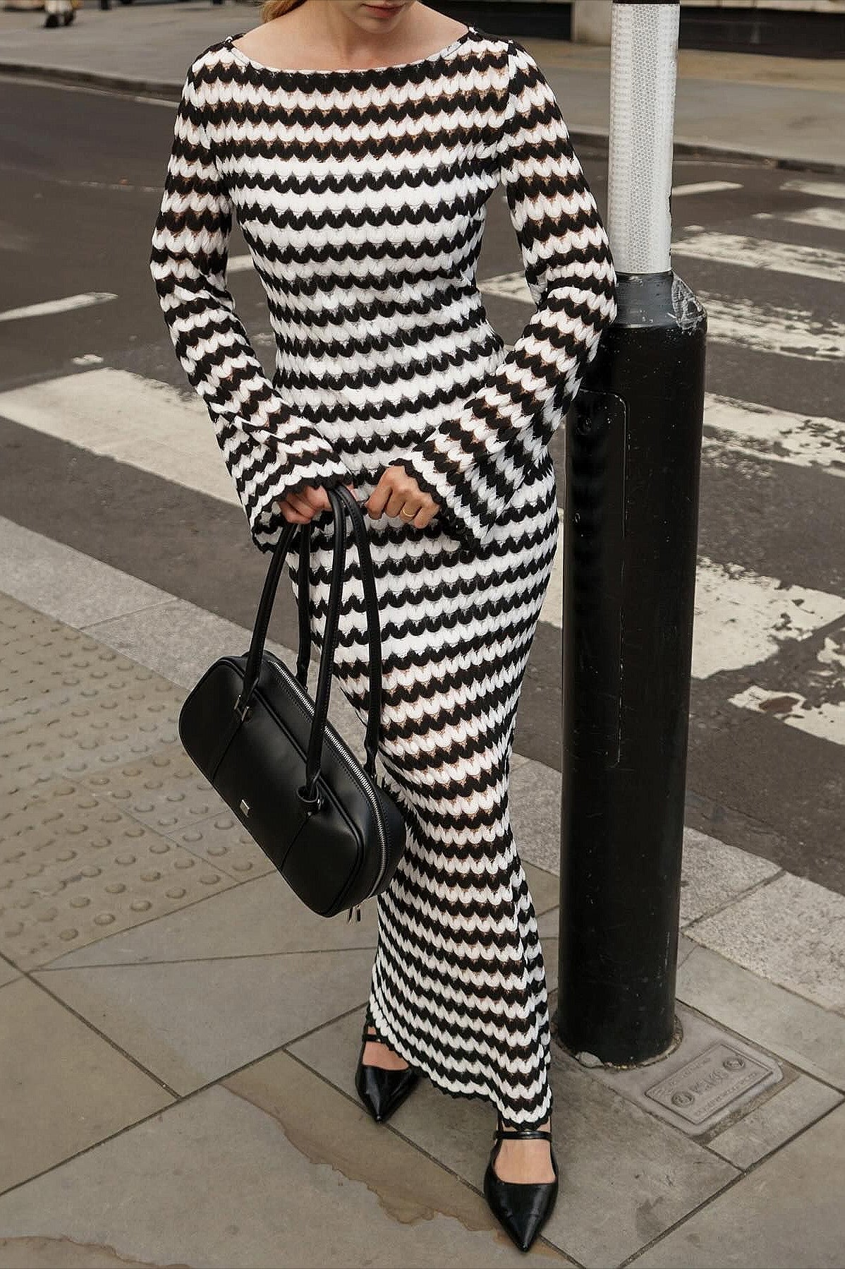 Knit Striped Long Sleeve Fitted Off Shoulder Slit Maxi Dress image 1