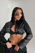Embroidered Letter PU Leather Coat image 1