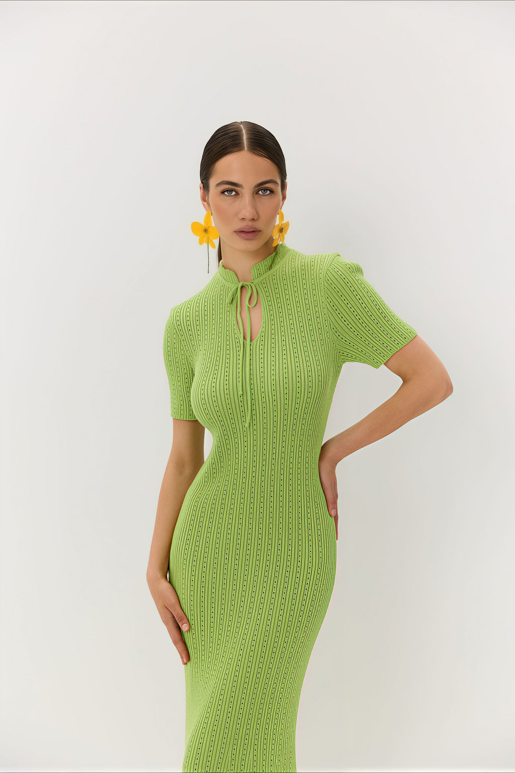 Candy Color Round Neck Short Sleeve Bodycon Knitted Maxi Dress image 7