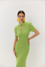 Candy Color Round Neck Short Sleeve Bodycon Knitted Maxi Dress image 7