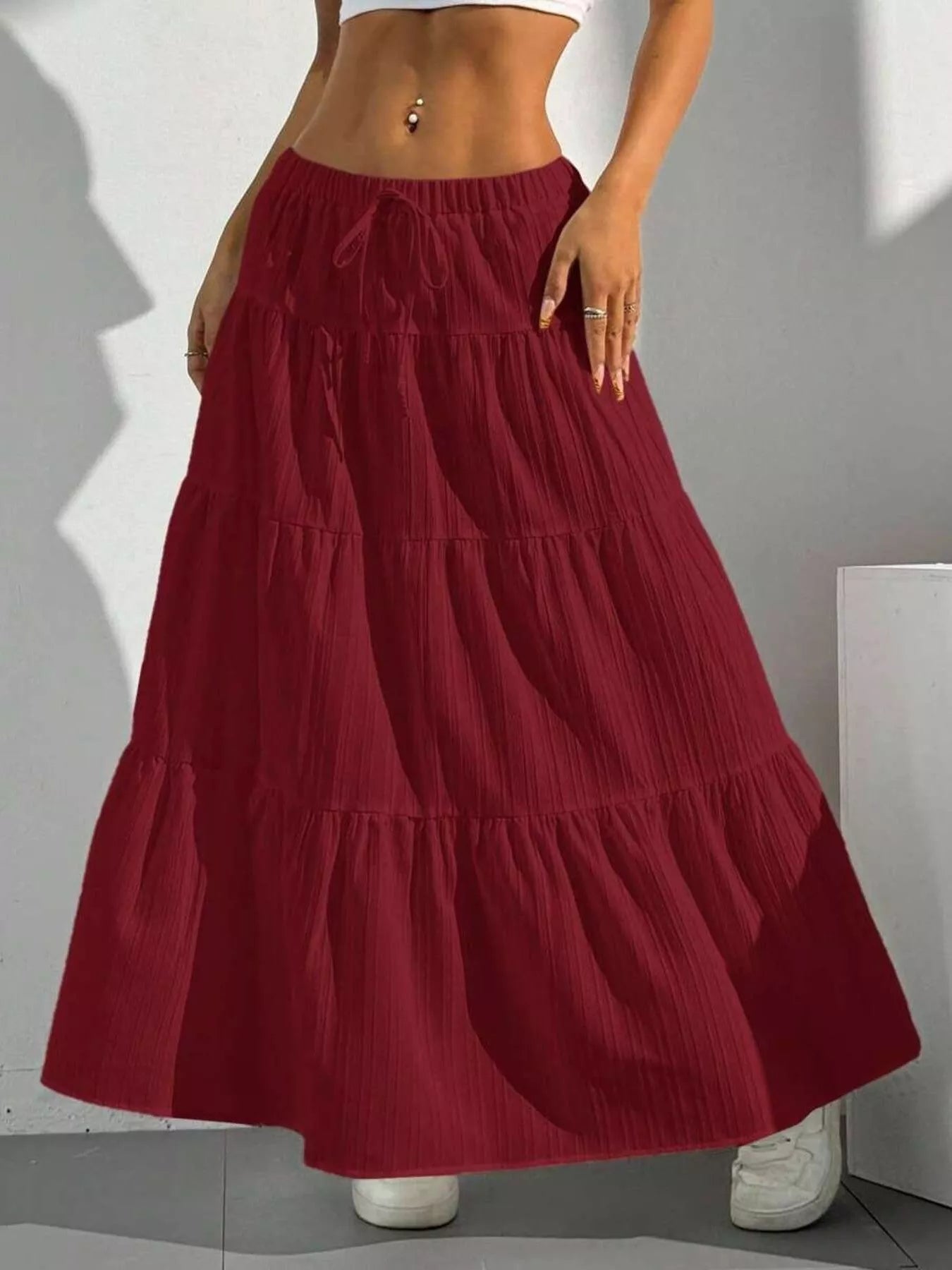 Capri Tiered Maxi Skirt detail view styled for Avrienne