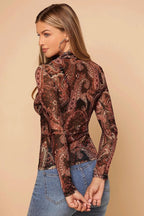 Paisley Print Stand Collar Mesh Long Sleeve Blouse image 2