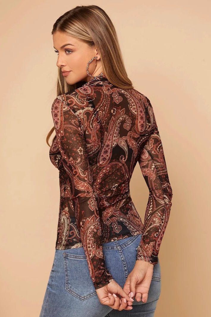Paisley Print Stand Collar Mesh Long Sleeve Blouse image 2